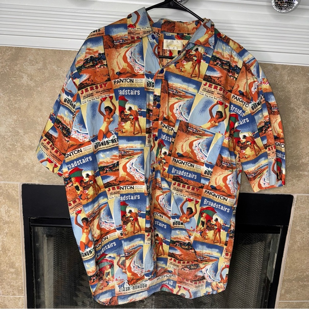 Vtg Gottex Mens beach all over Print Button Up Shirt large Lightweight Cotton